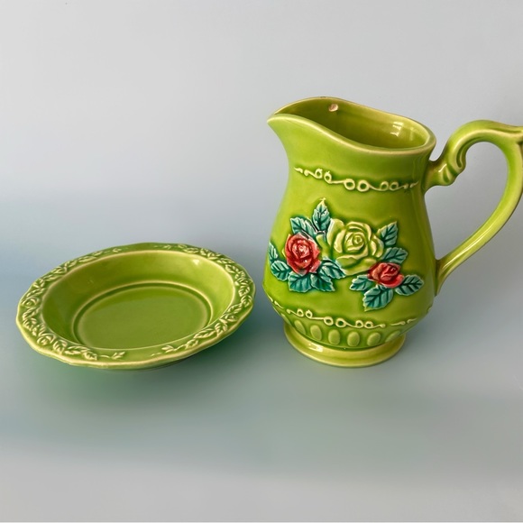 Vintage Norleans Japan lime green pitcher and dish set floral kitsch home decor - Picture 3 of 4